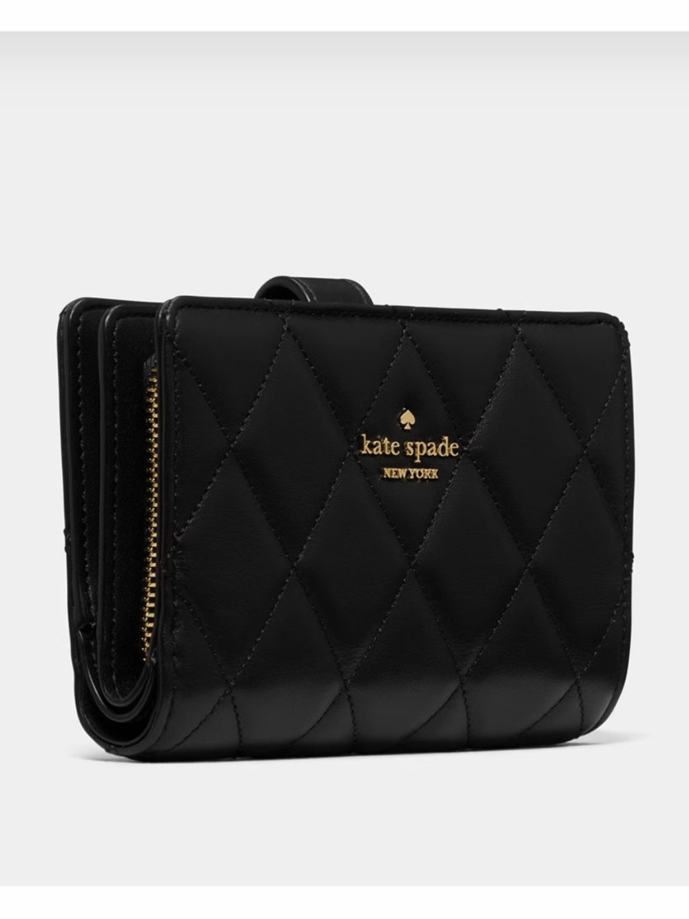 kate spade Black Quilted Leather Compact Wallet SILVER hardwear